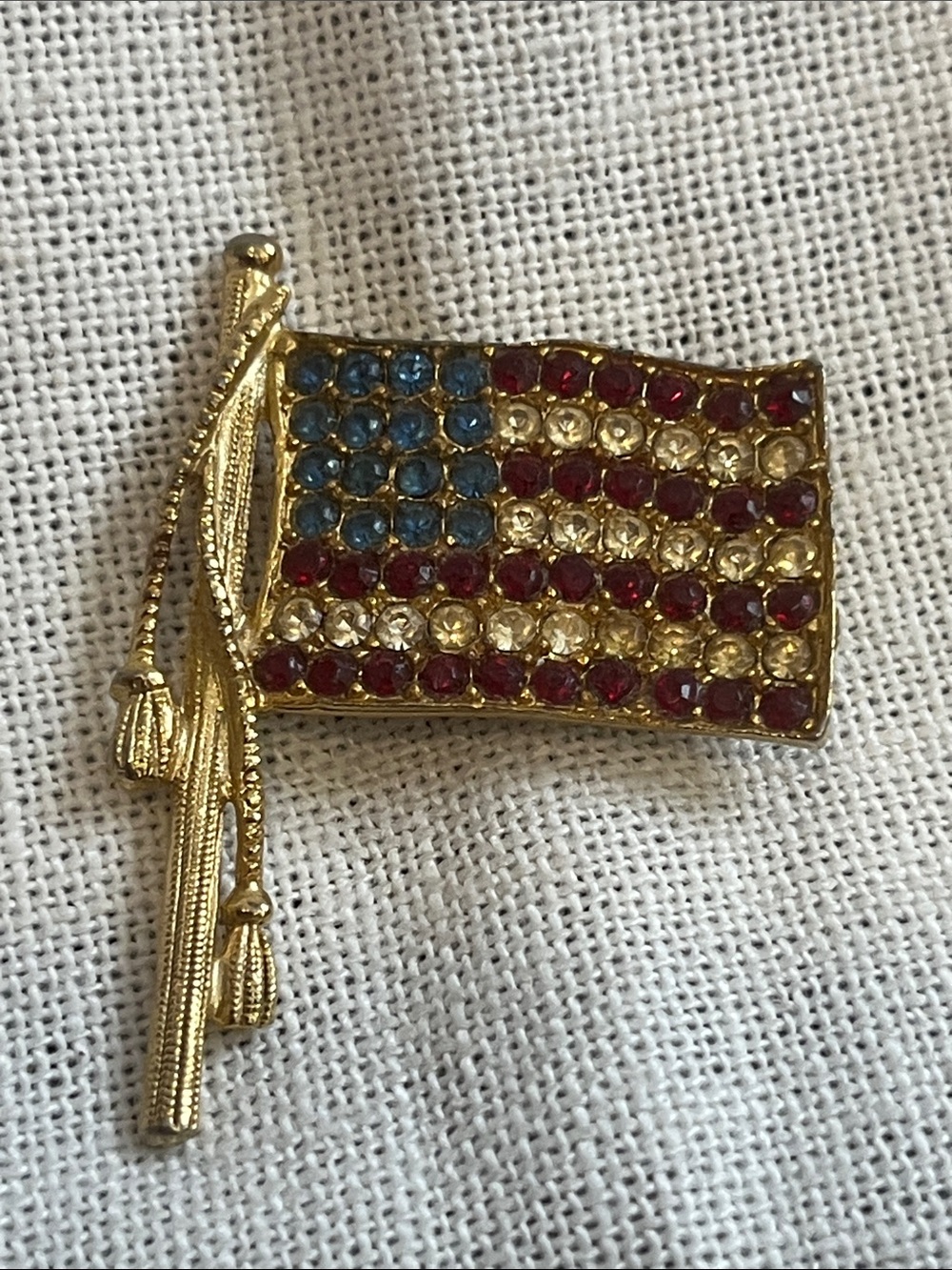 Vintage Patriotic Rhinestone Flag Brooch - Gold Tone, Red Blue Clear